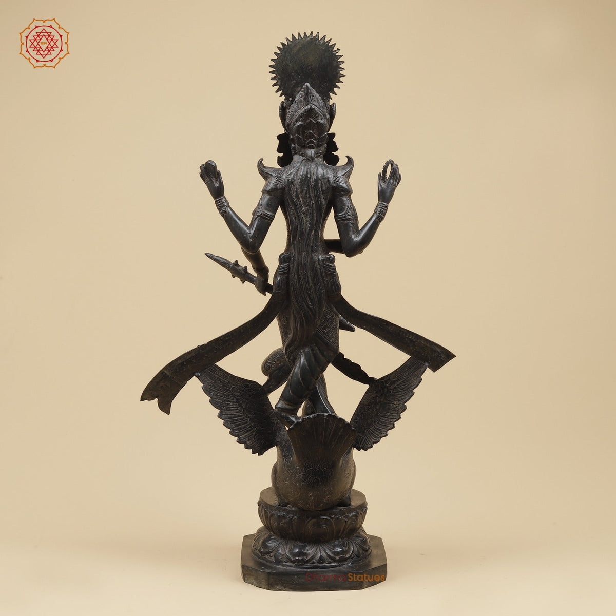 Bronze Saraswati On swan & holding Lotus Fine, Natural Black Patina 31” Origin - Java, Indonesia.