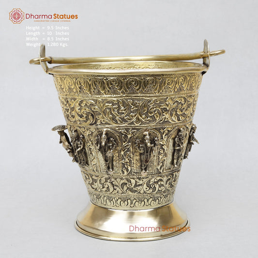 Brass Auspicious Dasavtar Bucket (Balti) for Pooja, Fine Smooth finish 10”