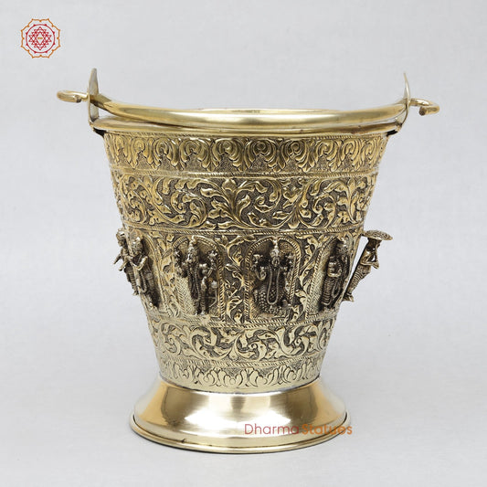 Brass Auspicious Dasavtar Bucket (Balti) for Pooja, Fine Smooth finish 10”