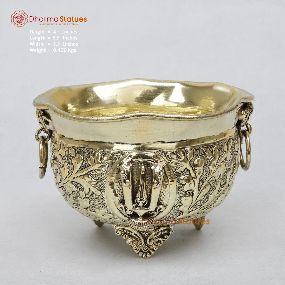 Brass Auspicious Shankh, Chakra, Tilak Bowl 5.5”