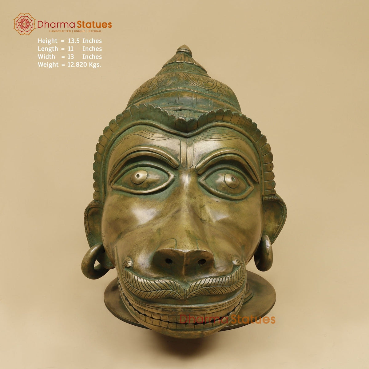 Brass Vintage Hanuman Head Fine, Antique Patina Finish 14”
