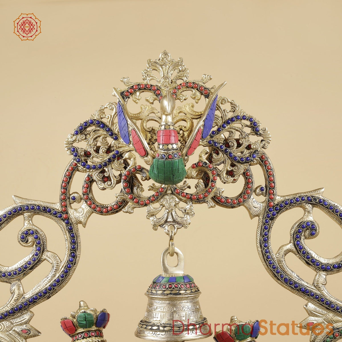 Brass Radha Krishna With Floral Arch and Bell, Stone work 45”