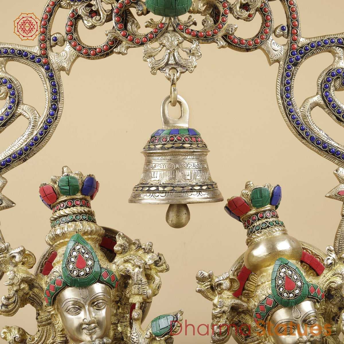 Brass Radha Krishna With Floral Arch and Bell, Stone work 45”