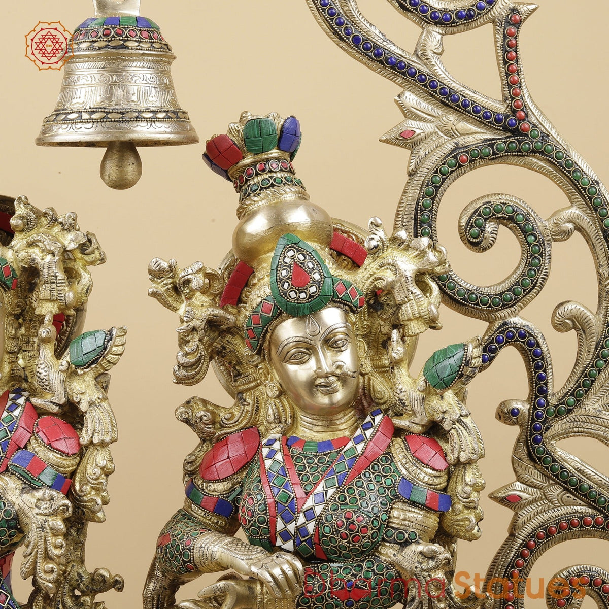Brass Radha Krishna With Floral Arch and Bell, Stone work 45”