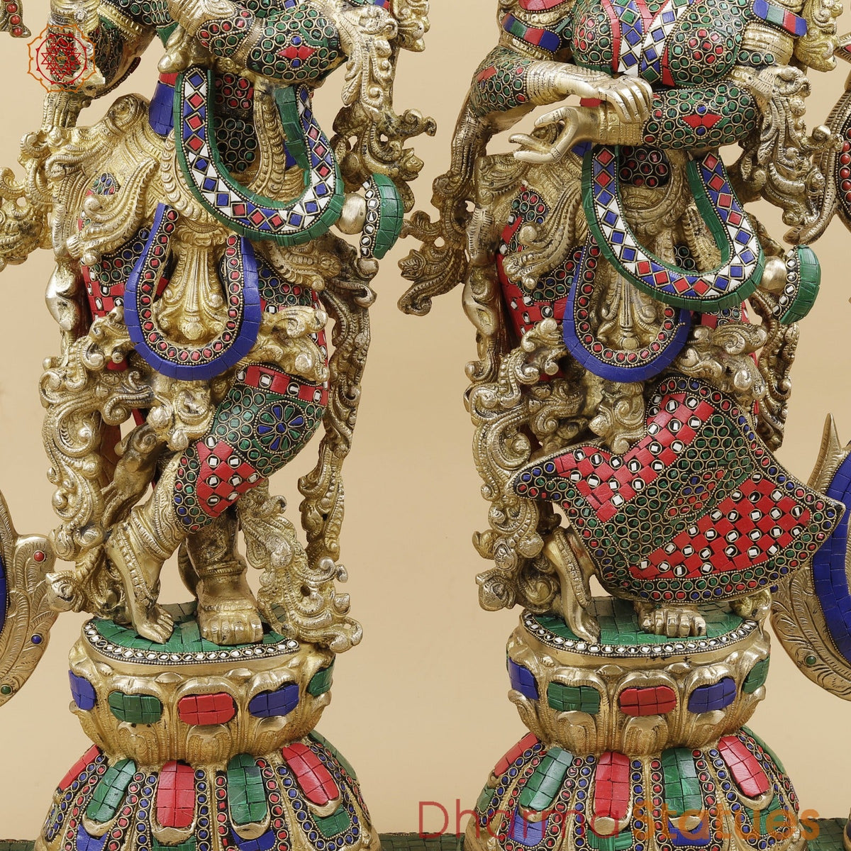 Brass Radha Krishna With Floral Arch and Bell, Stone work 45”