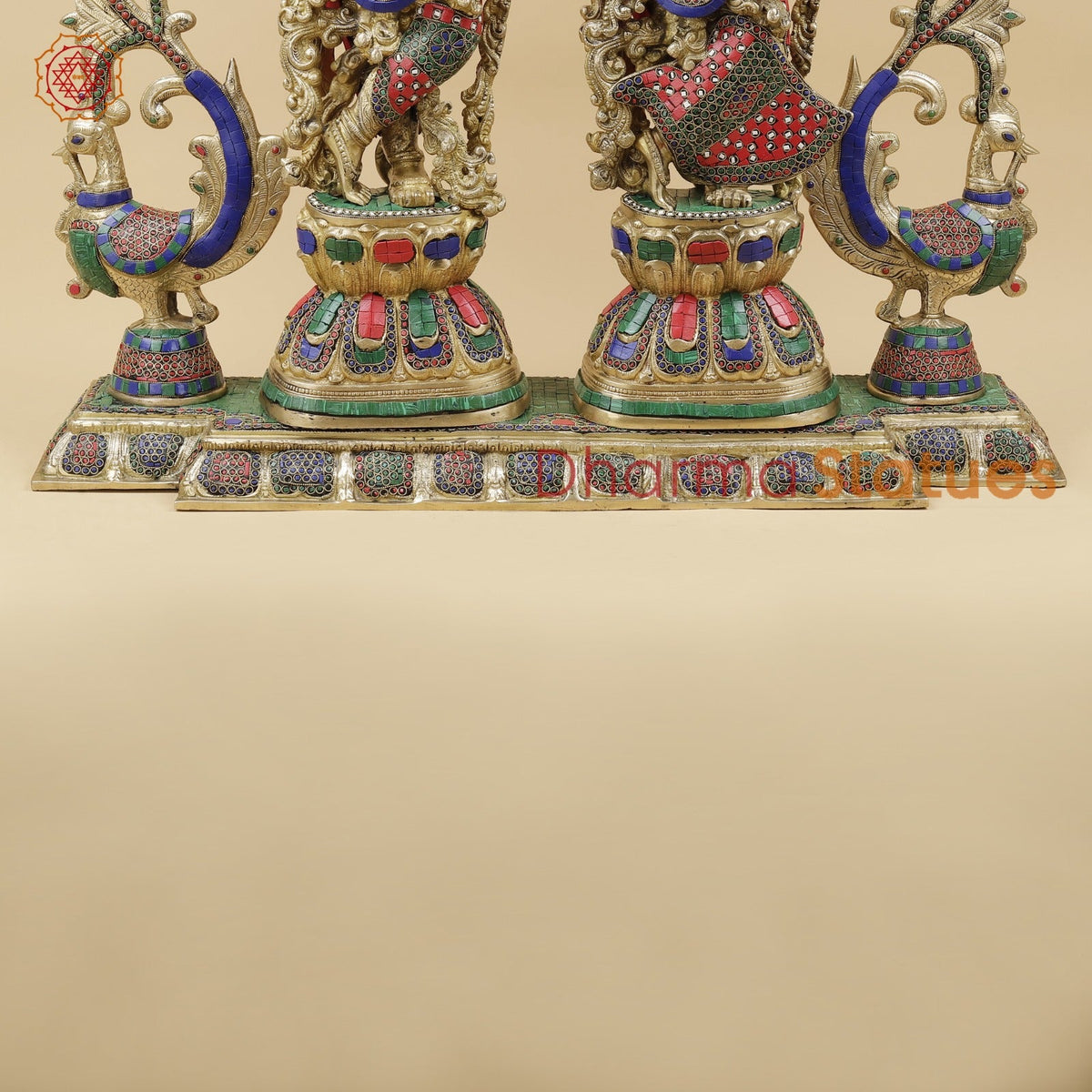 Brass Radha Krishna With Floral Arch and Bell, Stone work 45”
