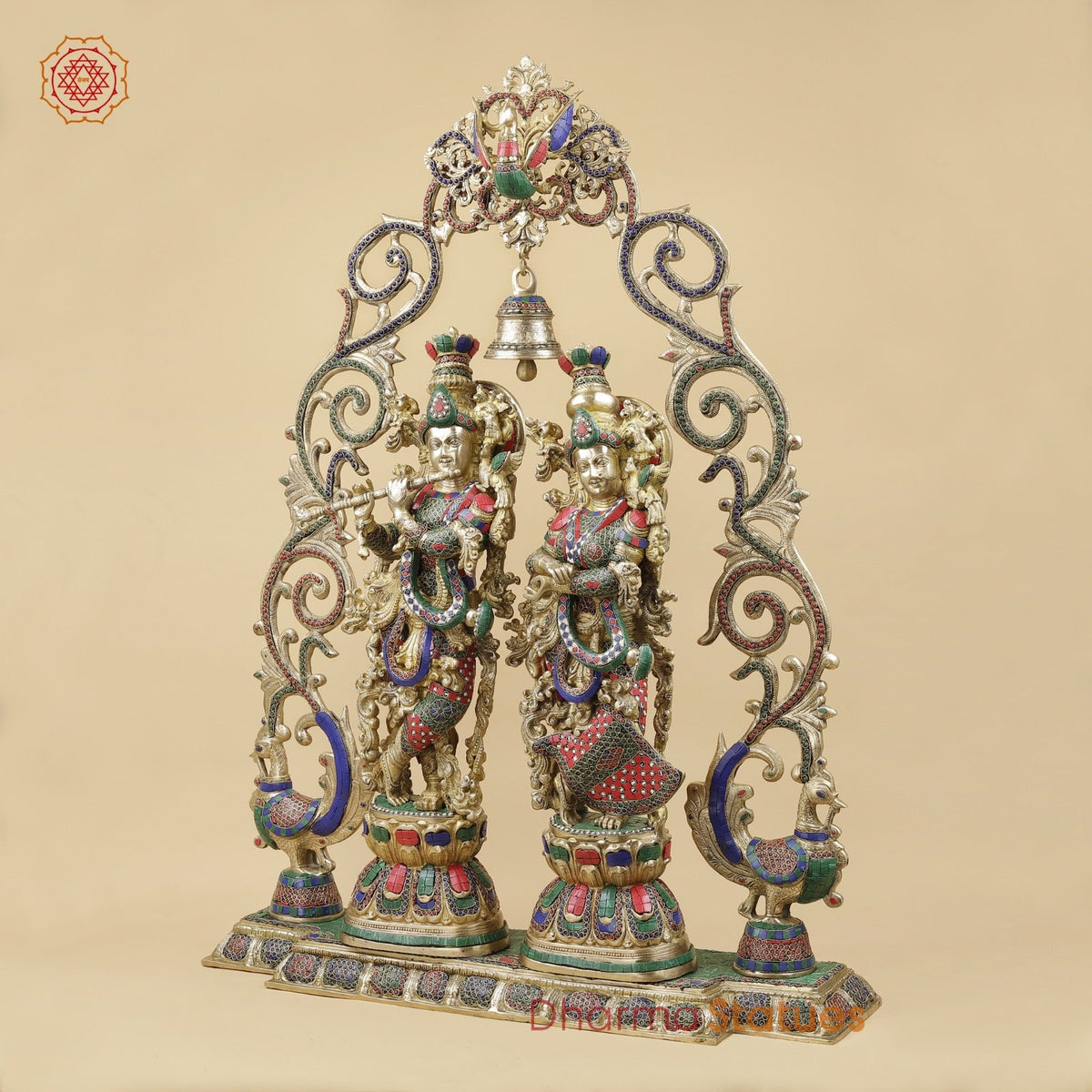 Brass Radha Krishna With Floral Arch and Bell, Stone work 45”