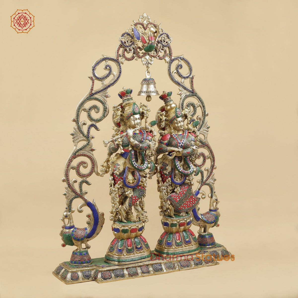 Brass Radha Krishna With Floral Arch and Bell, Stone work 45”