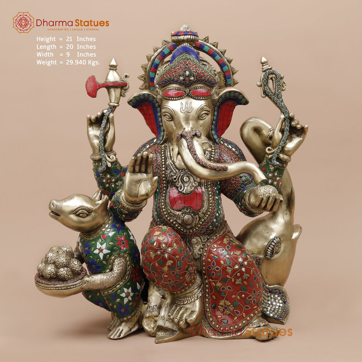 Brass Ganesh Seated With Rat and Elephant Fine, Stone Work 21”