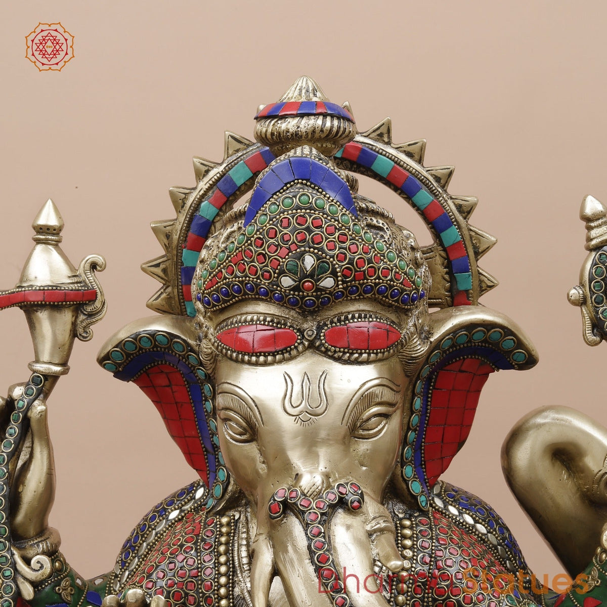 Brass Ganesh Seated With Rat and Elephant Fine, Stone Work 21”