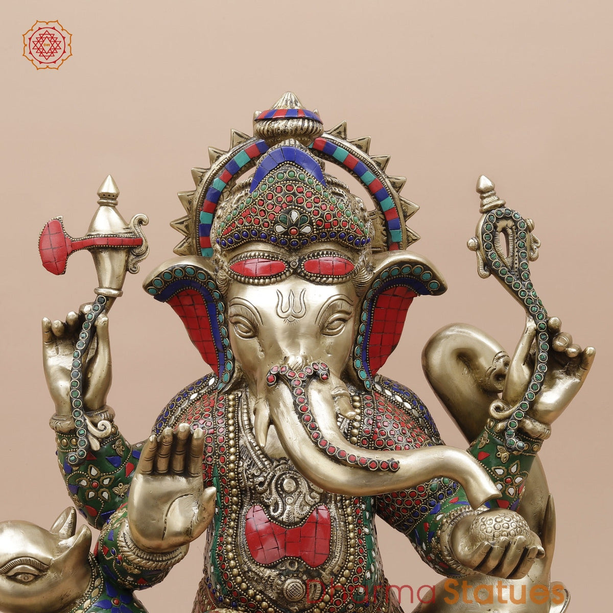 Brass Ganesh Seated With Rat and Elephant Fine, Stone Work 21”