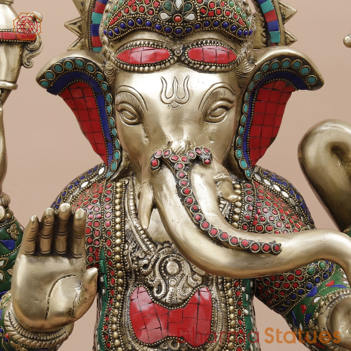 Brass Ganesh Seated With Rat and Elephant Fine, Stone Work 21”