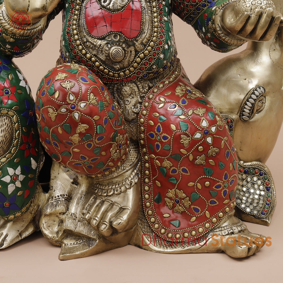 Brass Ganesh Seated With Rat and Elephant Fine, Stone Work 21”