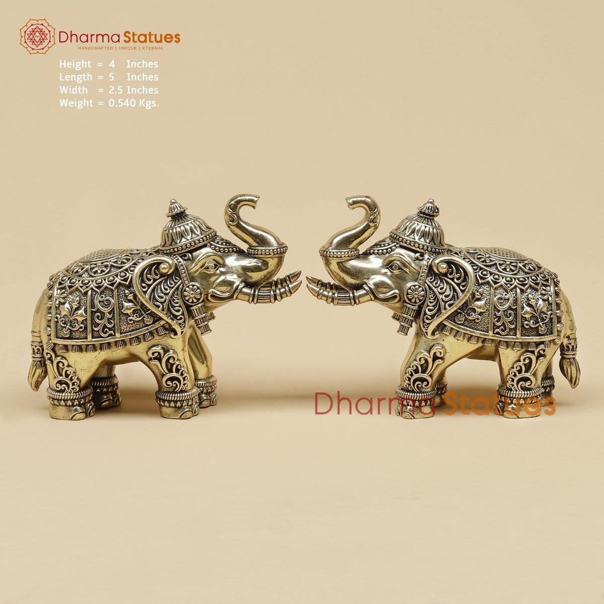 Brass Elephants pair With Fine Carving 5”