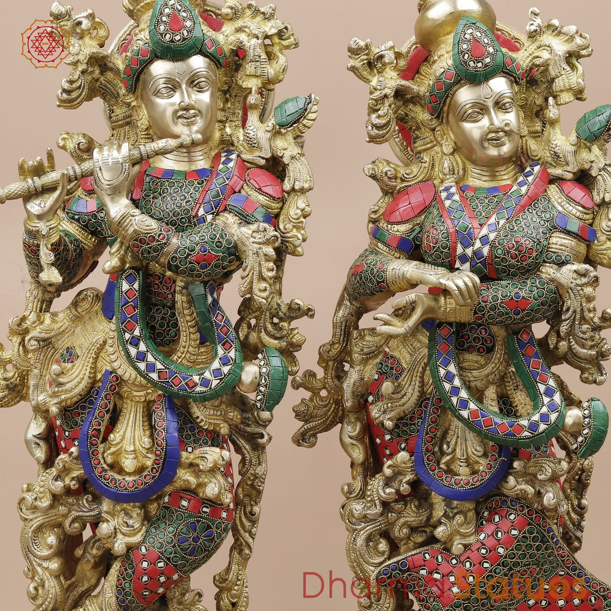Brass Radha krishna Standing Fine, Stone work 30”