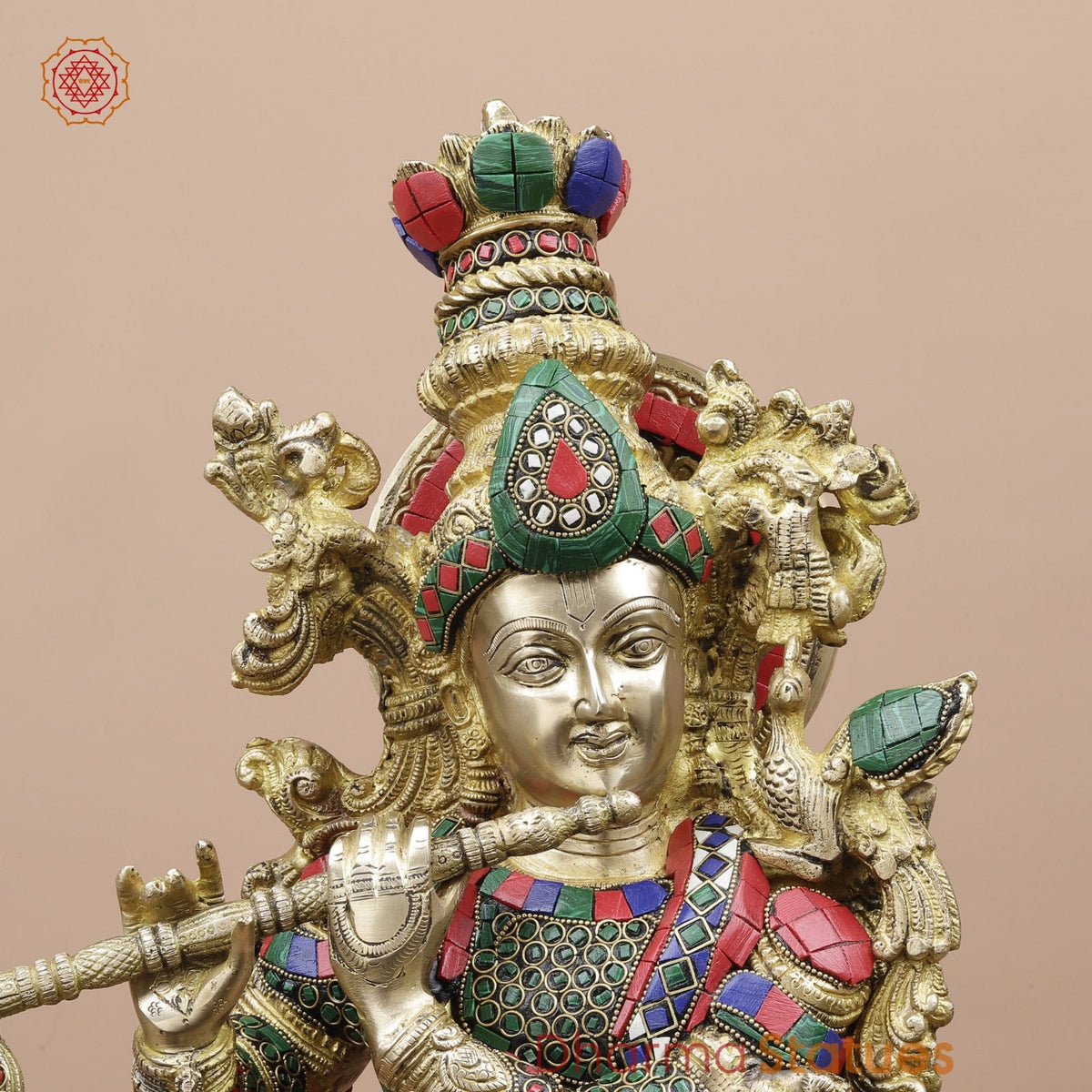 Brass Krishna Standing Fine, Stone work 30”