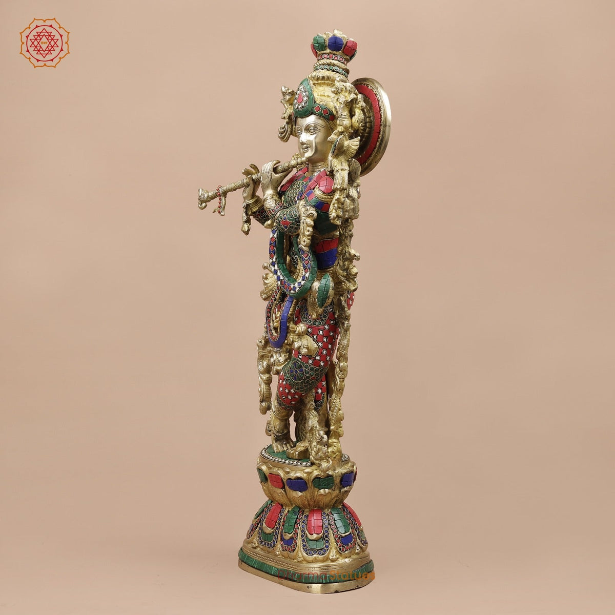 Brass Krishna Standing Fine, Stone work 30”