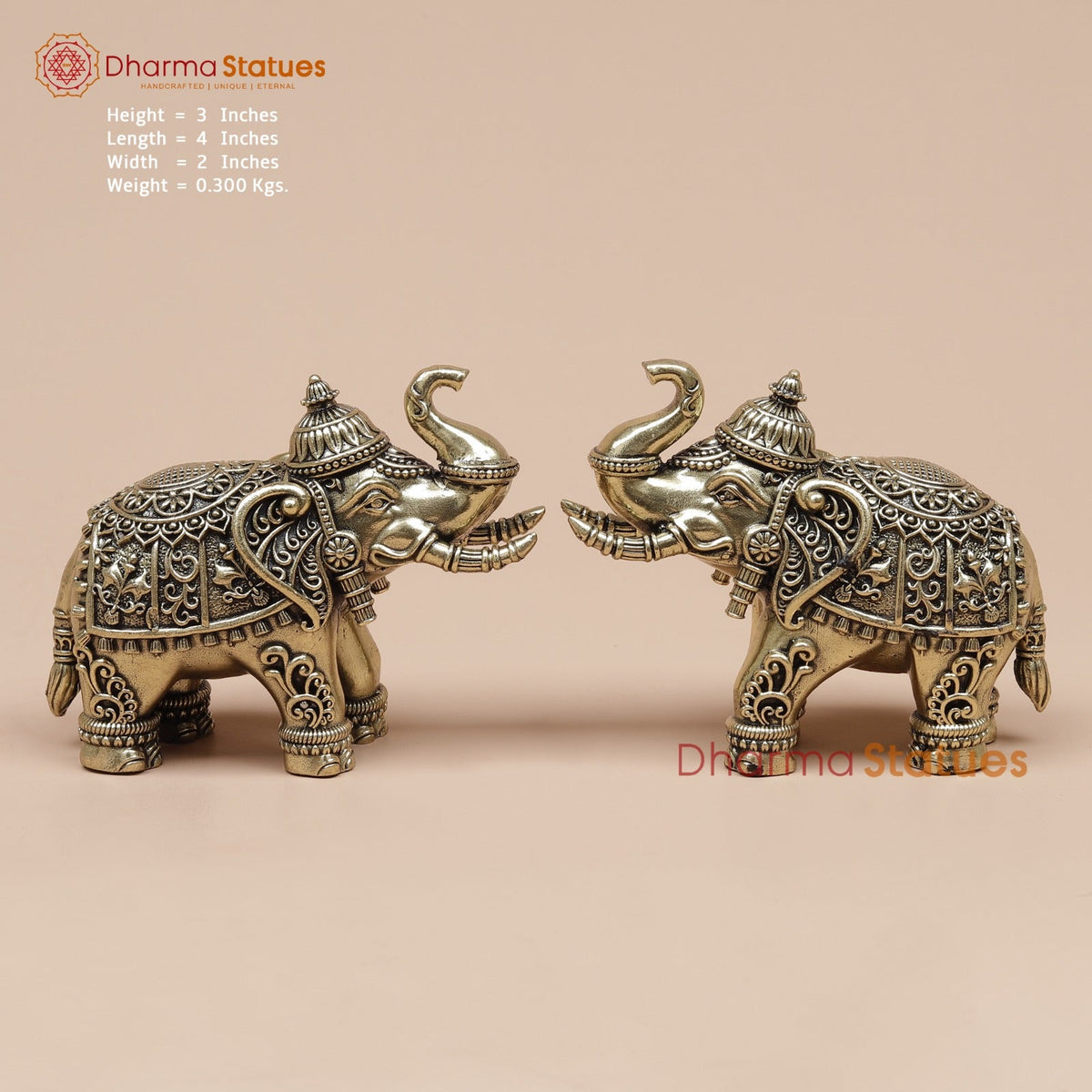 Brass Elephants pair With Fine Carving 4”