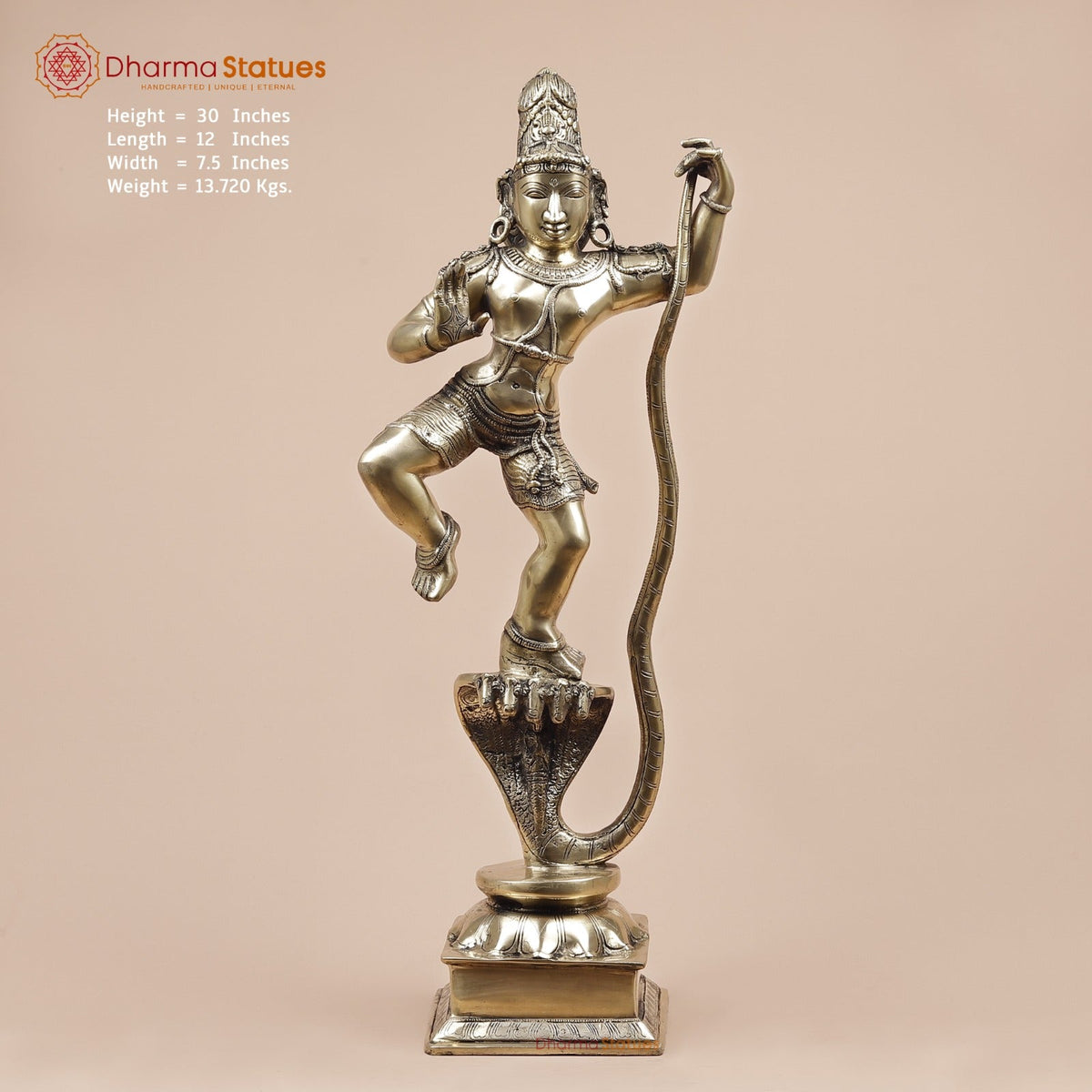 Brass Kalinga Krishna Dancing On Snake Fine, Smooth Finish 30”