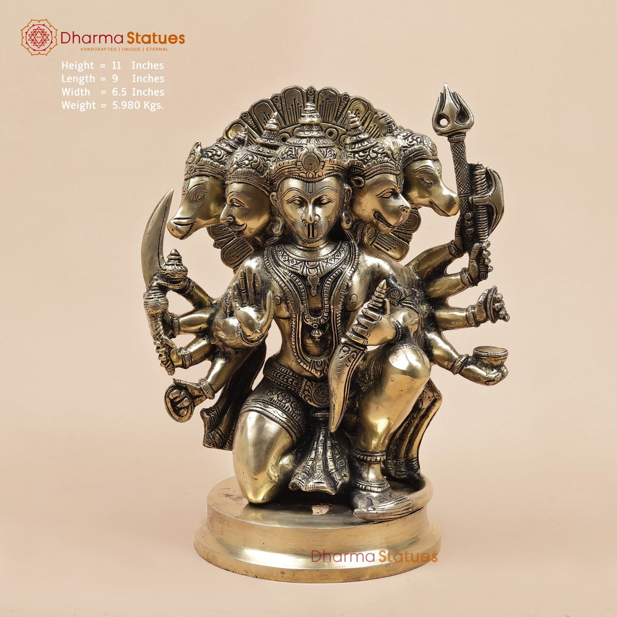 Brass Panchmukhi Hanuman Seated Fine, Smooth Finish 11”