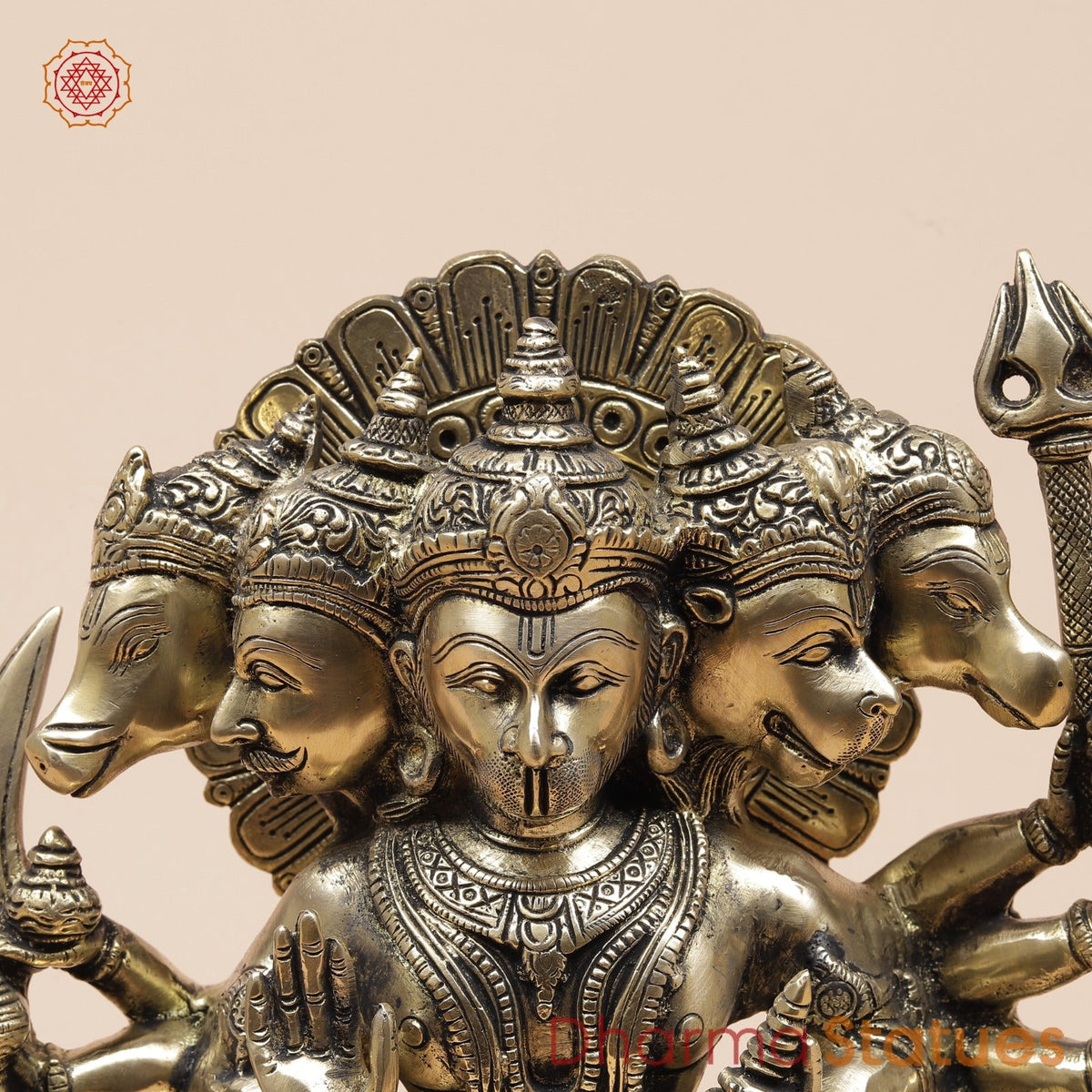Brass Panchmukhi Hanuman Seated Fine, Smooth Finish 11”