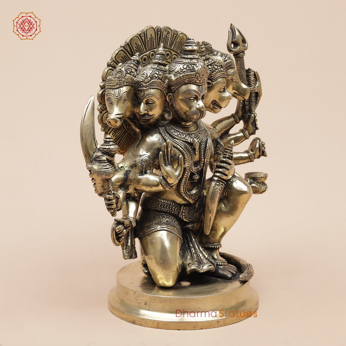 Brass Panchmukhi Hanuman Seated Fine, Smooth Finish 11”