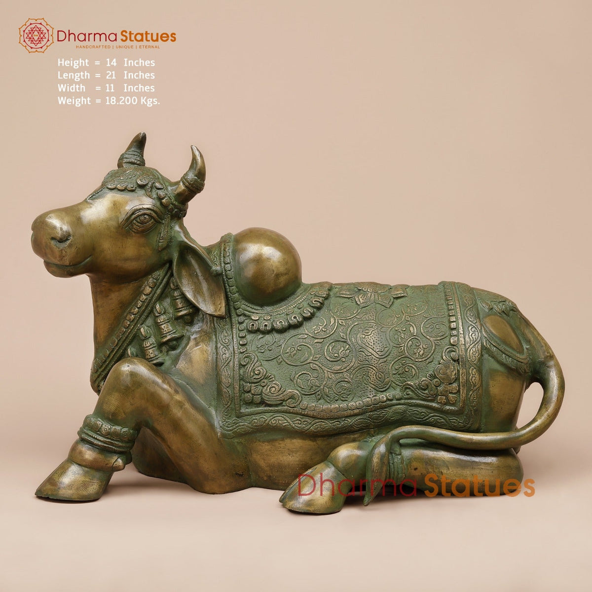 Brass Nandi Seated Fine Carving, Natural Patina 21”