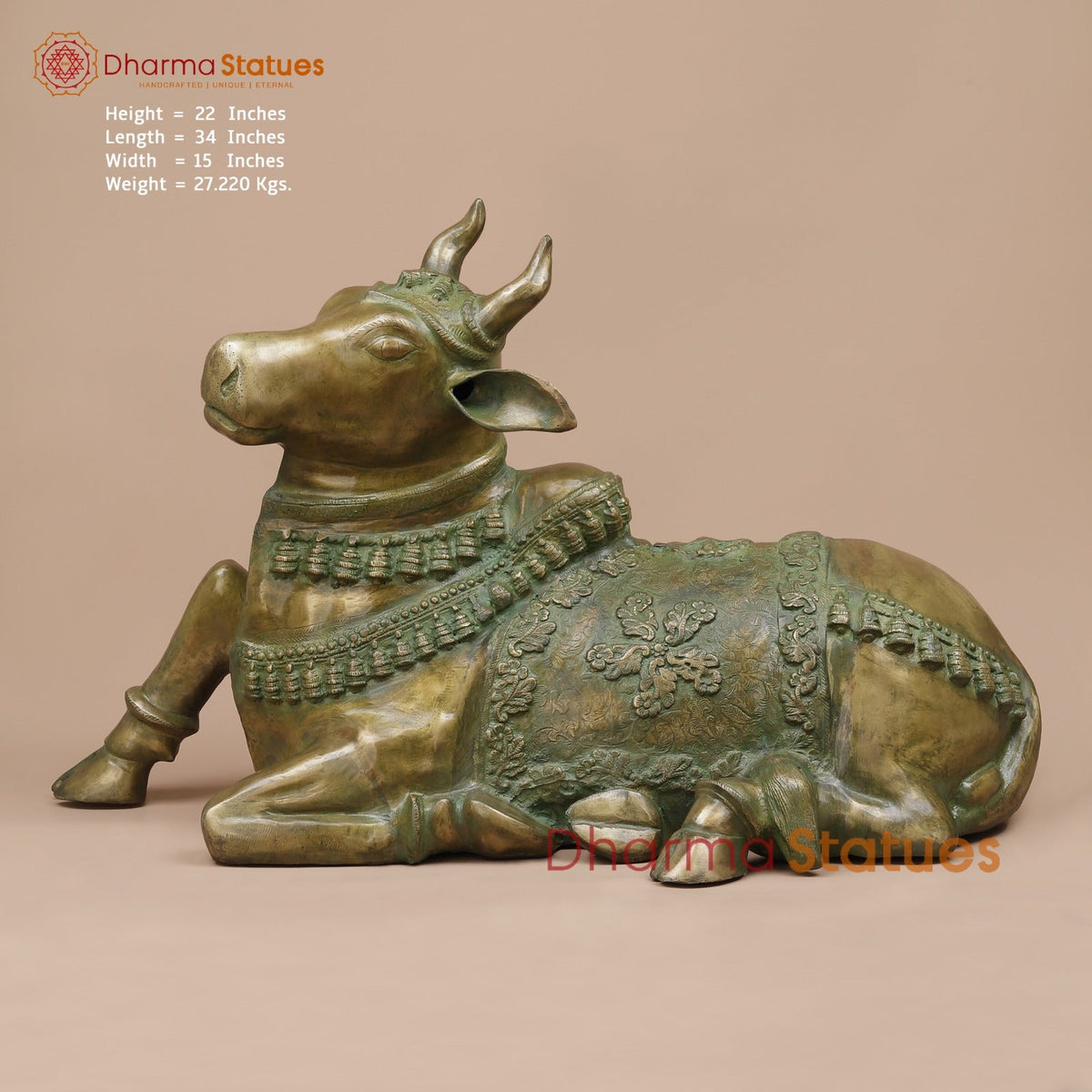 Brass Nandi Seated Fine Carving, Natural Patina 34”