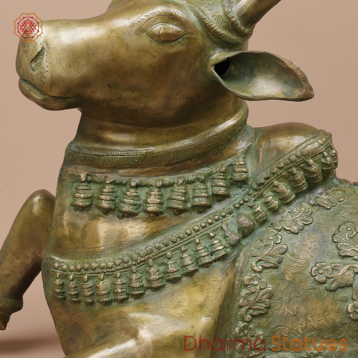 Brass Nandi Seated Fine Carving, Natural Patina 34”
