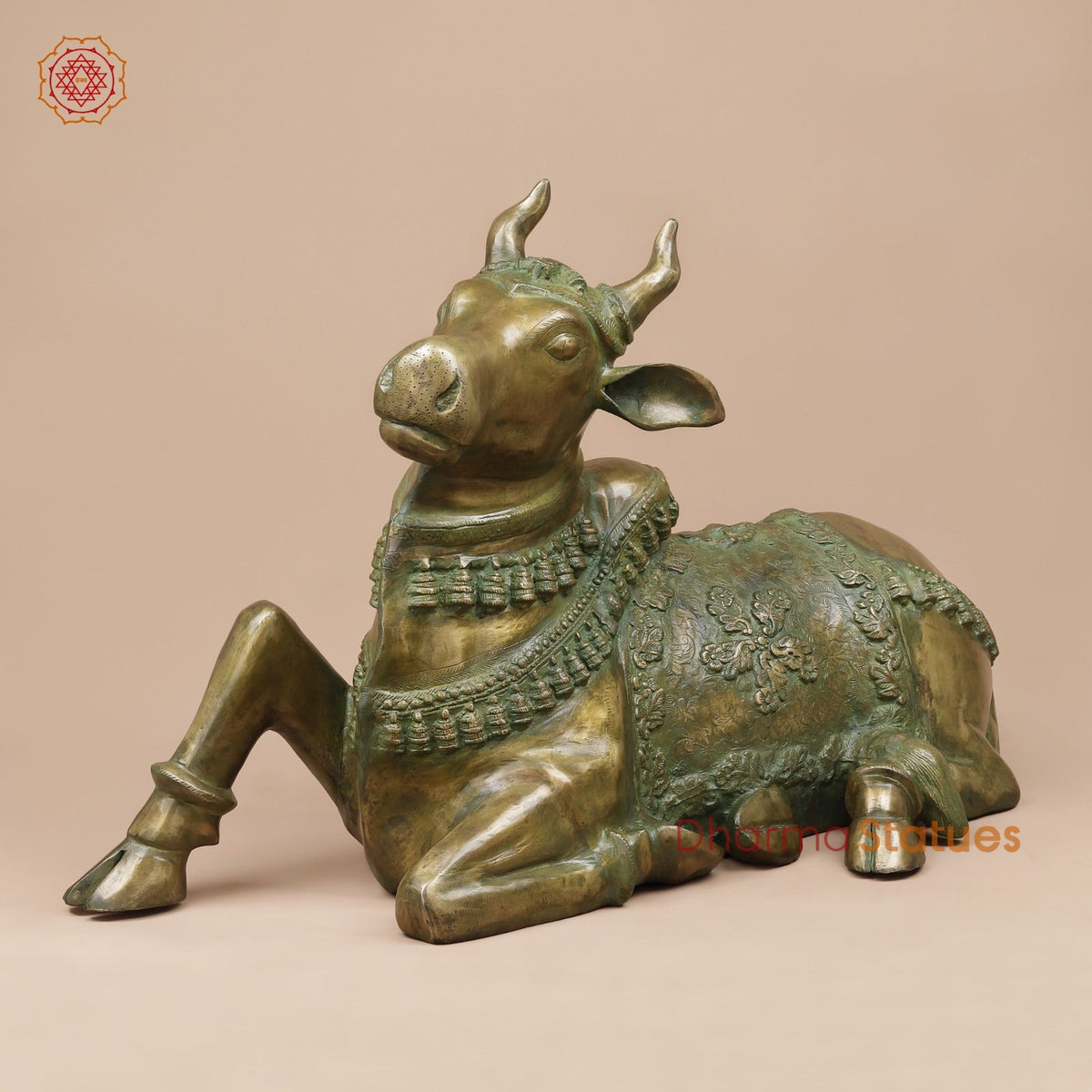 Brass Nandi Seated Fine Carving, Natural Patina 34”