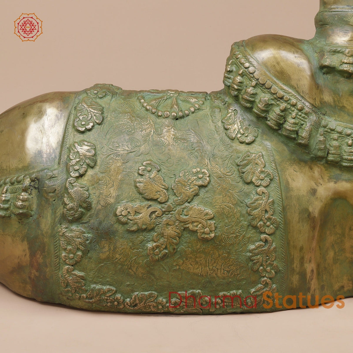 Brass Nandi Seated Fine Carving, Natural Patina 34”