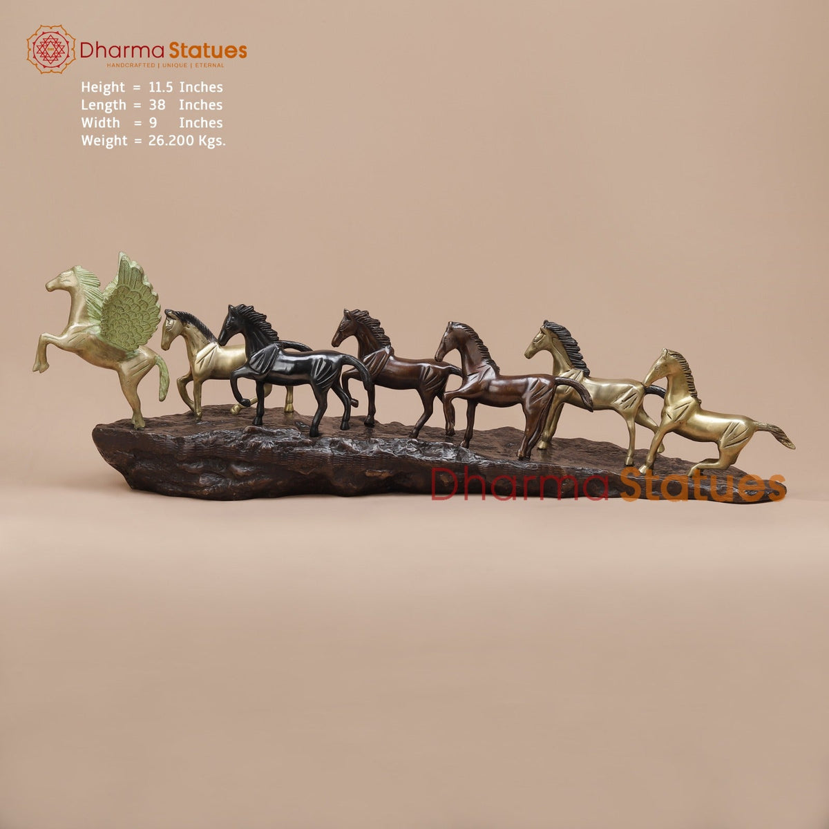 Brass Set of Seven Lucky Horses Fine, Multicolor 38”