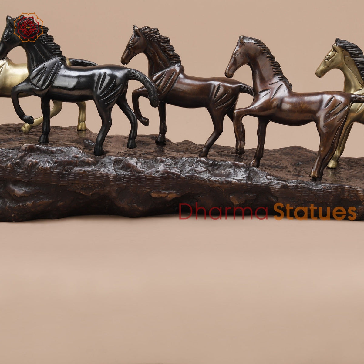 Brass Set of Seven Lucky Horses Fine, Multicolor 38”