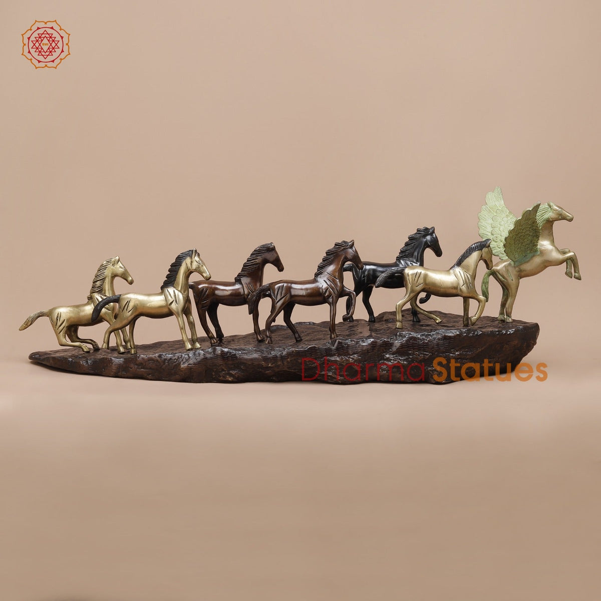 Brass Set of Seven Lucky Horses Fine, Multicolor 38”