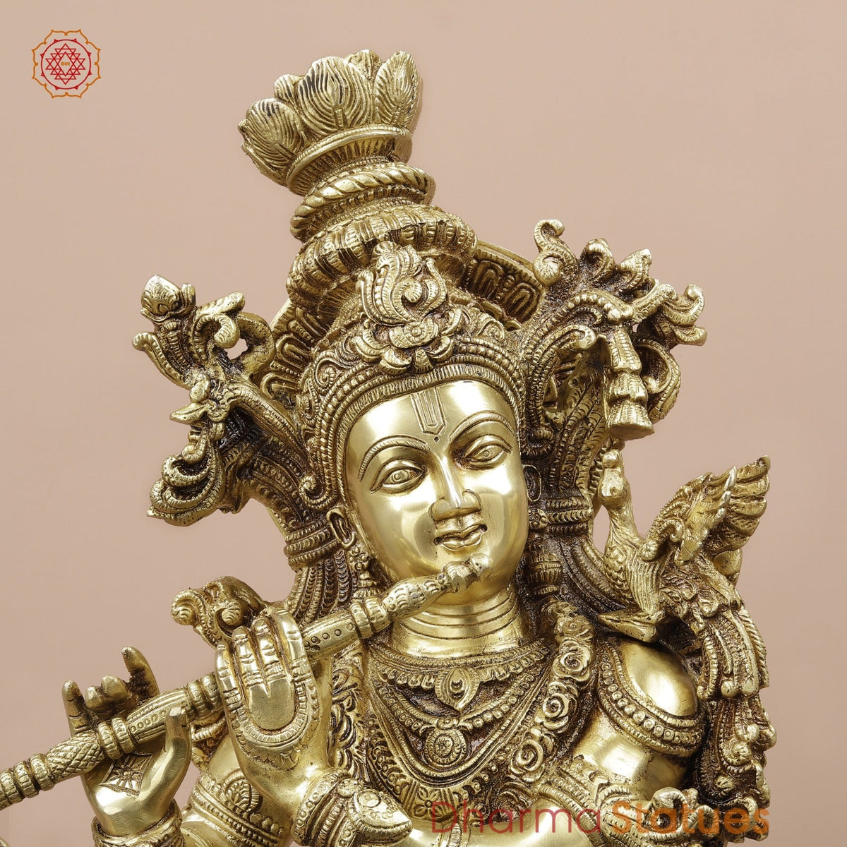 Brass Cow Krishna With Carving Fine, Special Gold Finish 27”