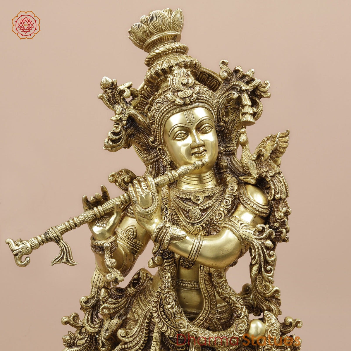 Brass Cow Krishna With Carving Fine, Special Gold Finish 27”