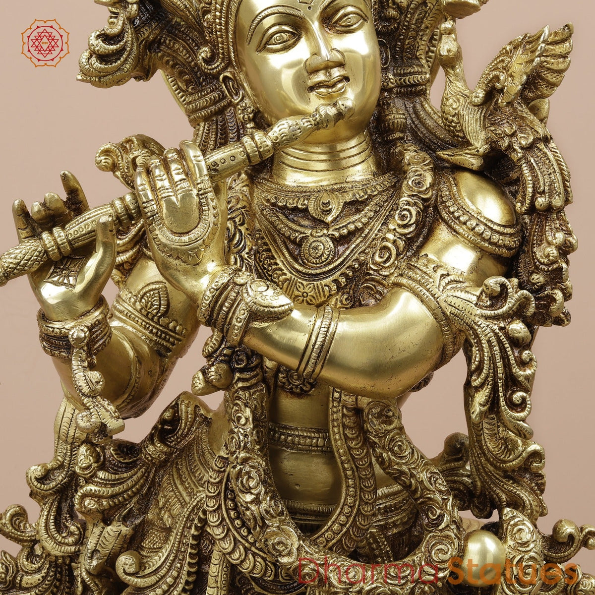 Brass Cow Krishna With Carving Fine, Special Gold Finish 27”