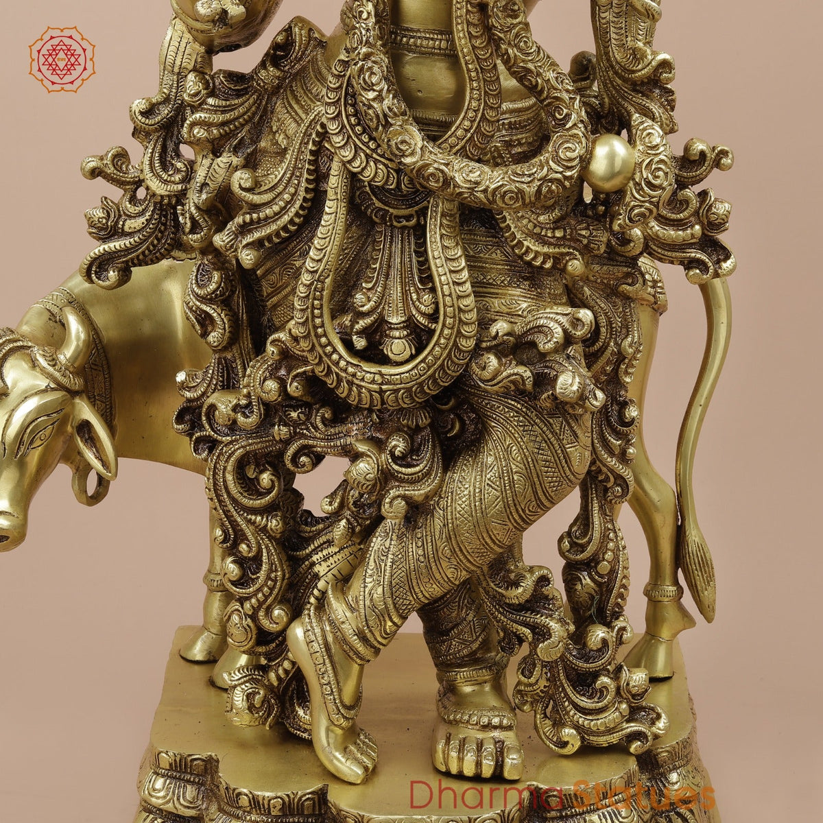 Brass Cow Krishna With Carving Fine, Special Gold Finish 27”