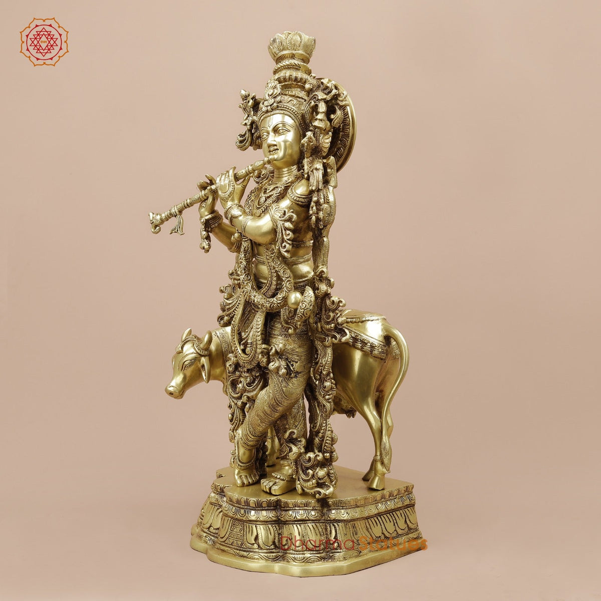 Brass Cow Krishna With Carving Fine, Special Gold Finish 27”