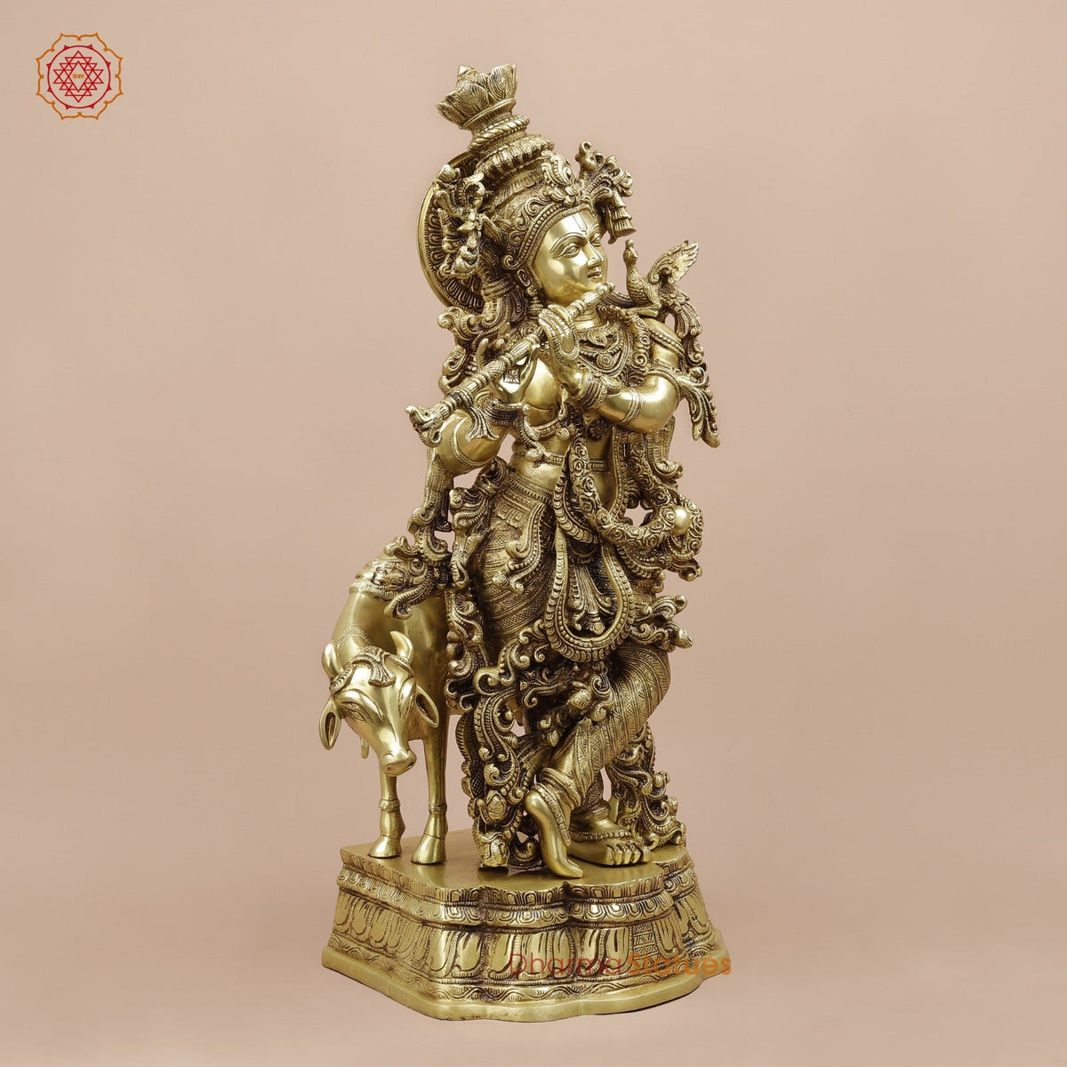 Brass Cow Krishna With Carving Fine, Special Gold Finish 27”