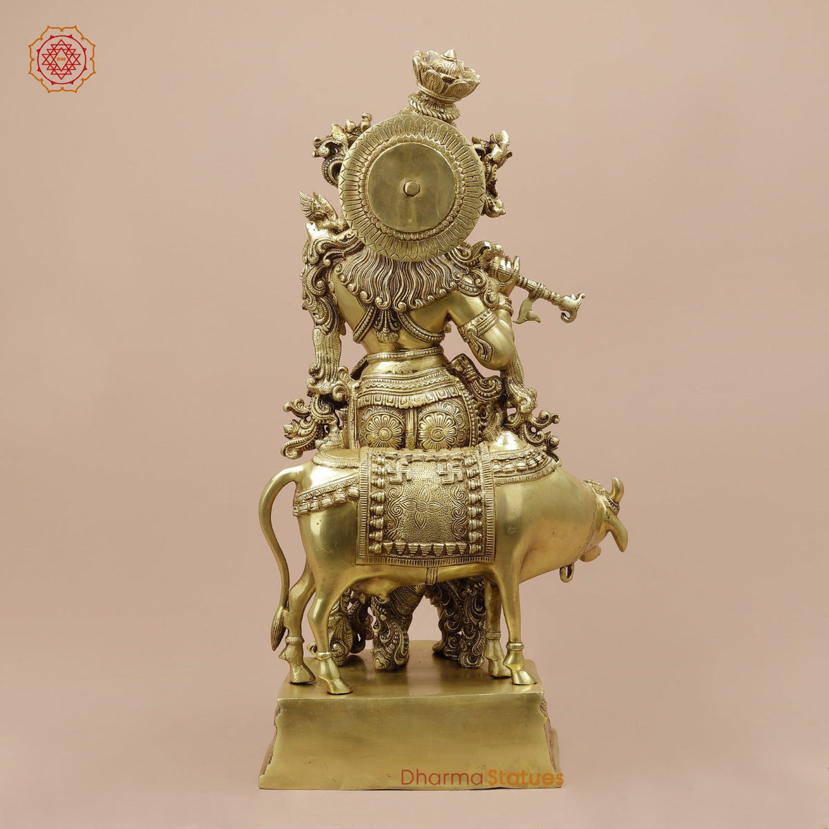 Brass Cow Krishna With Carving Fine, Special Gold Finish 27”