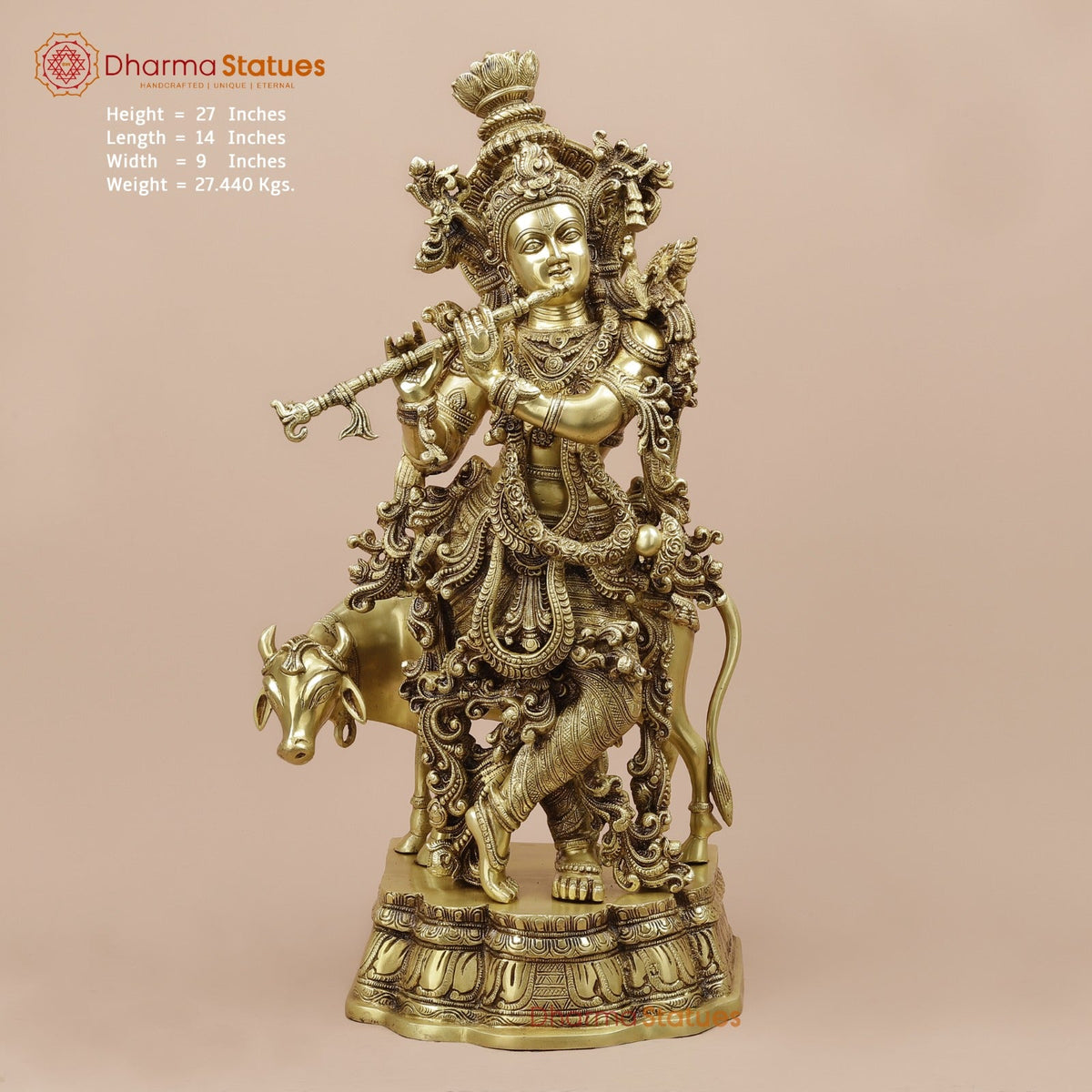 Brass Cow Krishna With Carving Fine, Special Gold Finish 27”