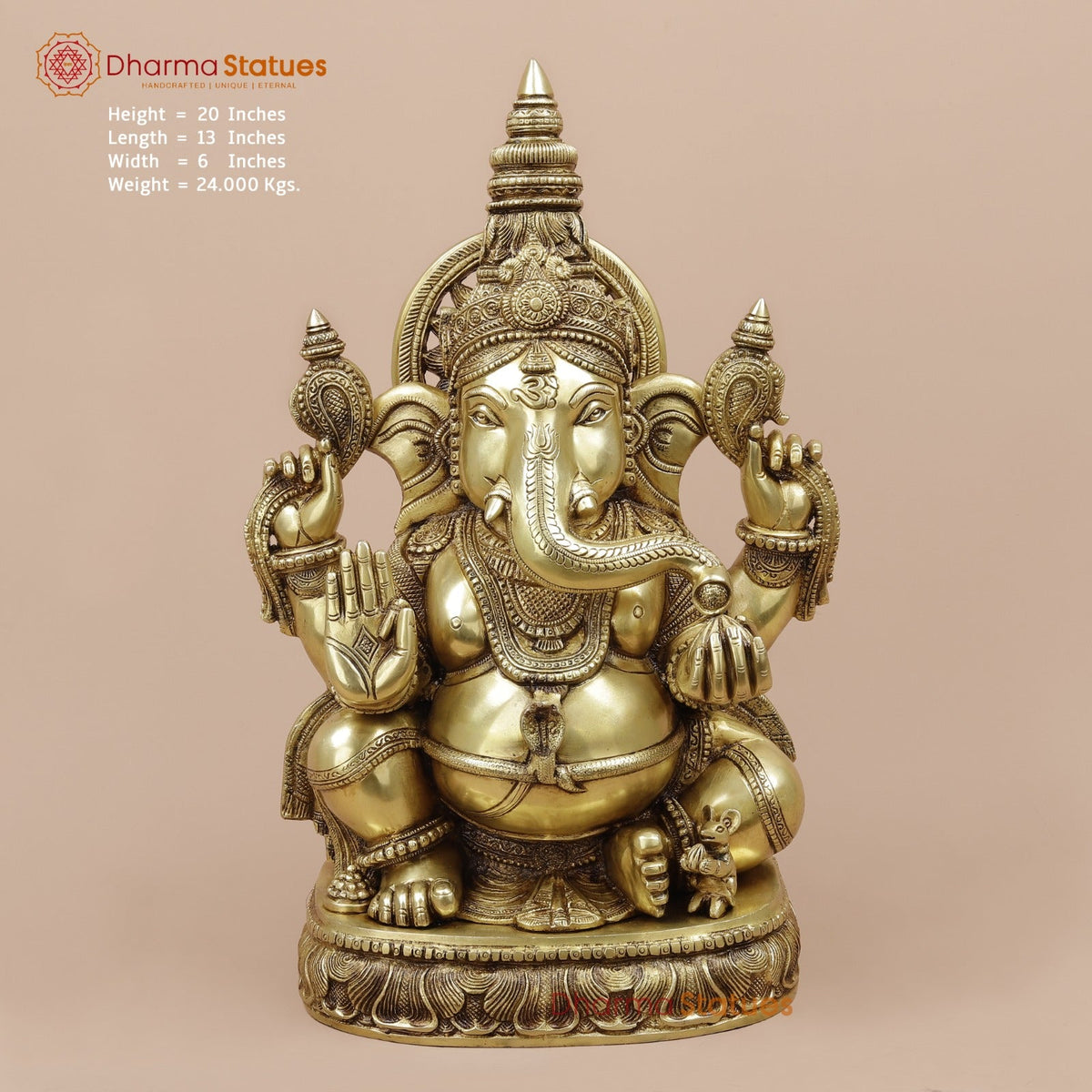 Brass Ganesh Seated with Fine Surya At the Back Fine, Special Gold Finish 20”