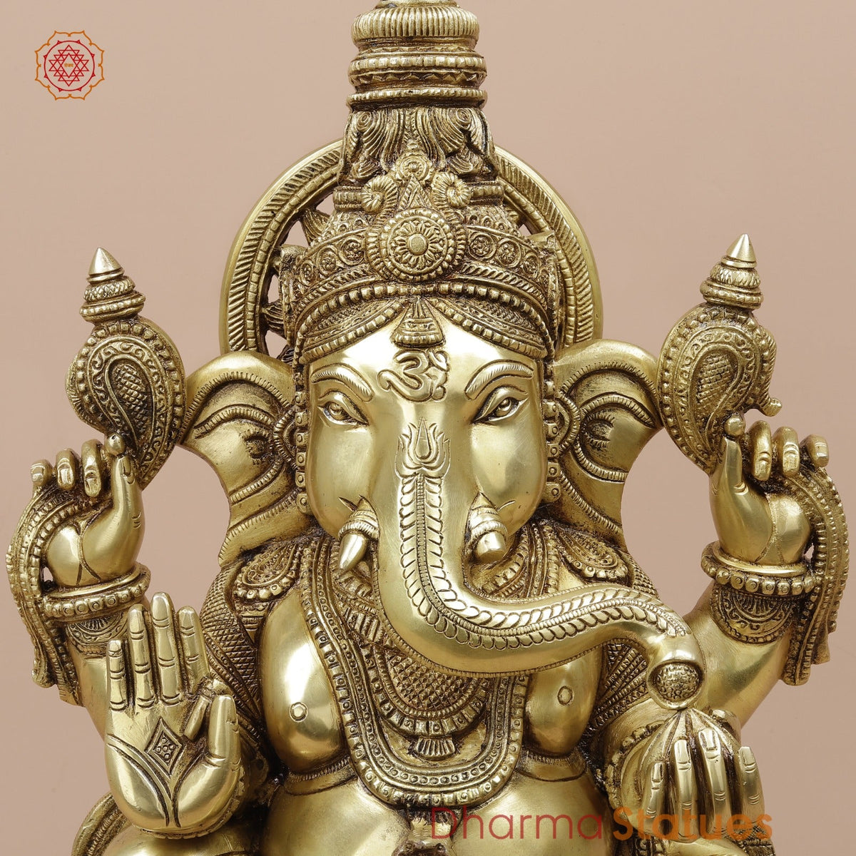 Brass Ganesh Seated with Fine Surya At the Back Fine, Special Gold Finish 20”