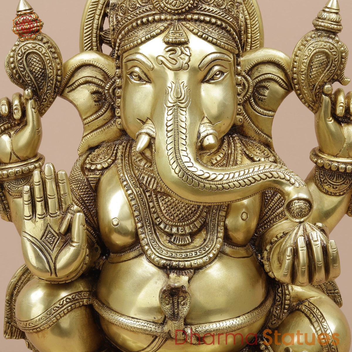 Brass Ganesh Seated with Fine Surya At the Back Fine, Special Gold Finish 20”