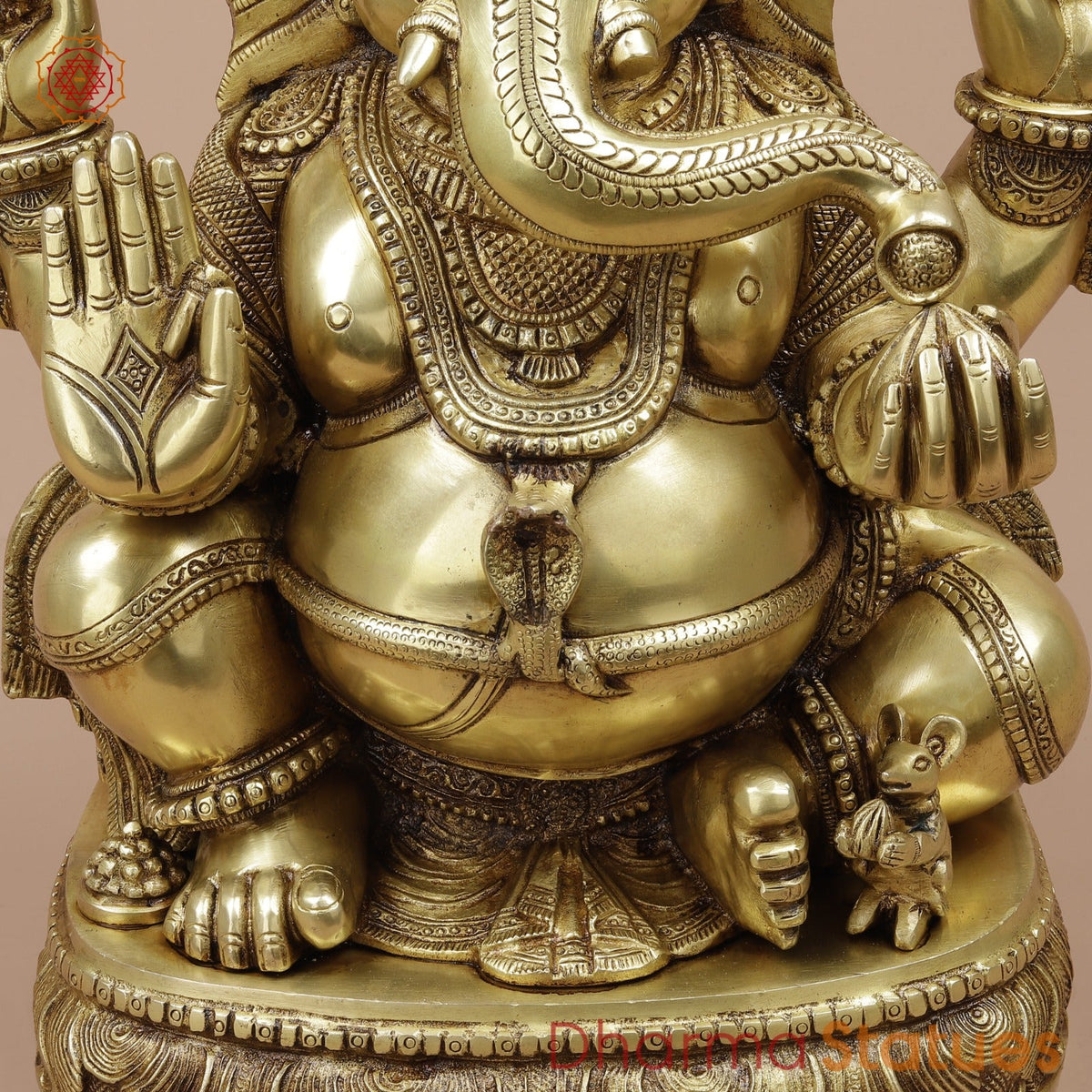 Brass Ganesh Seated with Fine Surya At the Back Fine, Special Gold Finish 20”