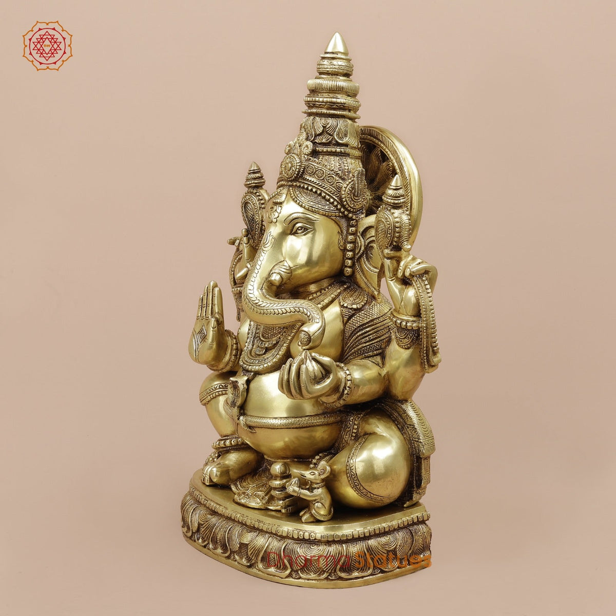 Brass Ganesh Seated with Fine Surya At the Back Fine, Special Gold Finish 20”