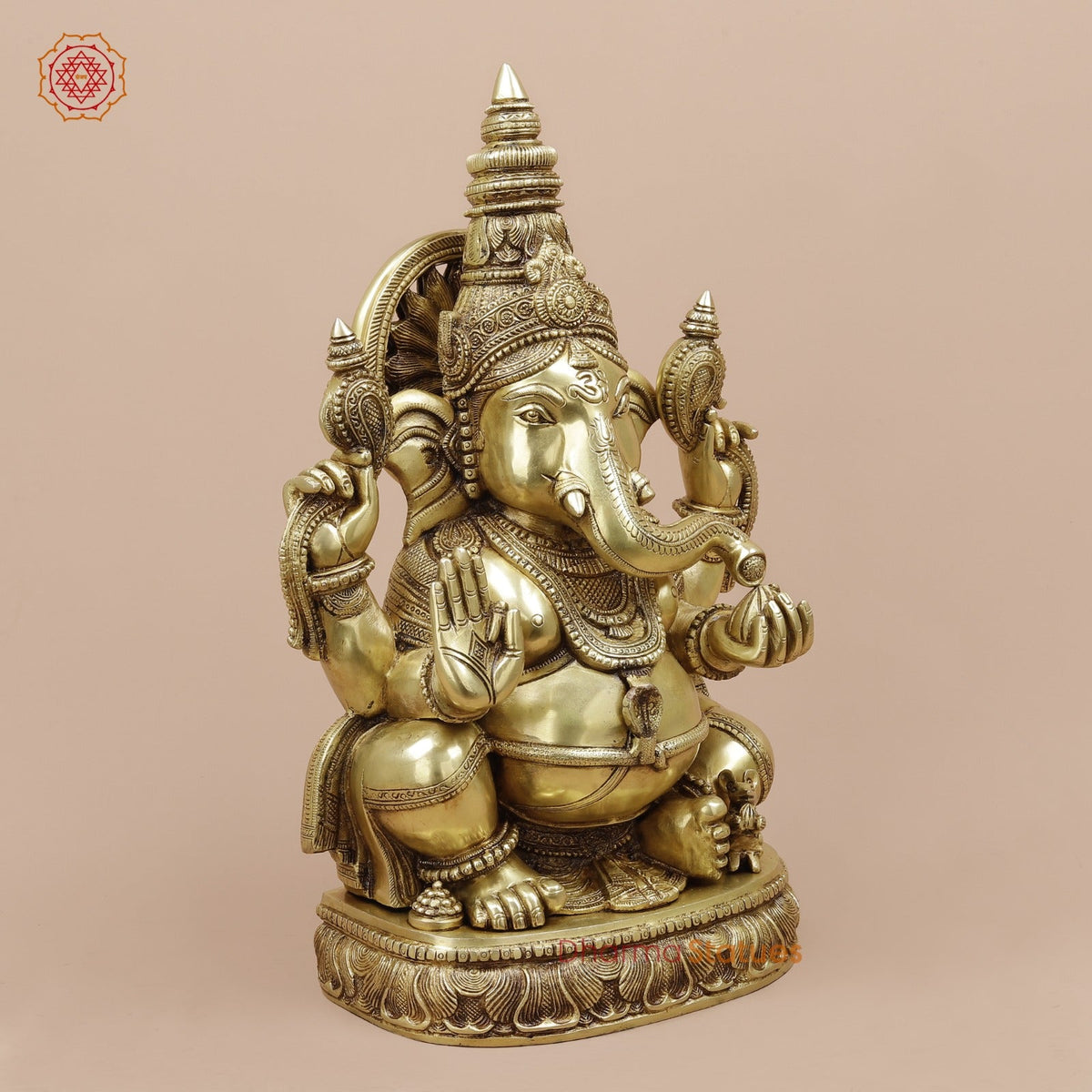 Brass Ganesh Seated with Fine Surya At the Back Fine, Special Gold Finish 20”