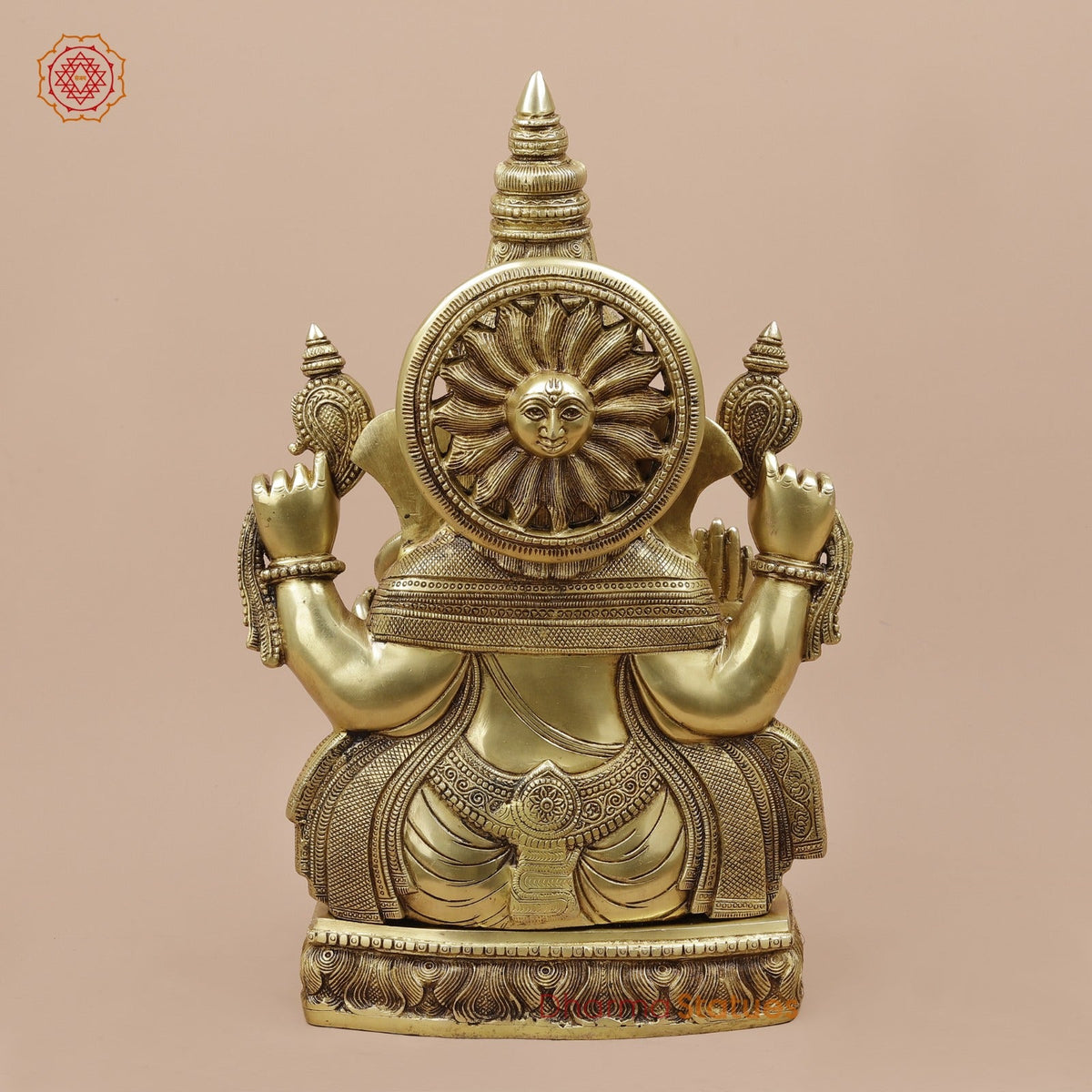 Brass Ganesh Seated with Fine Surya At the Back Fine, Special Gold Finish 20”