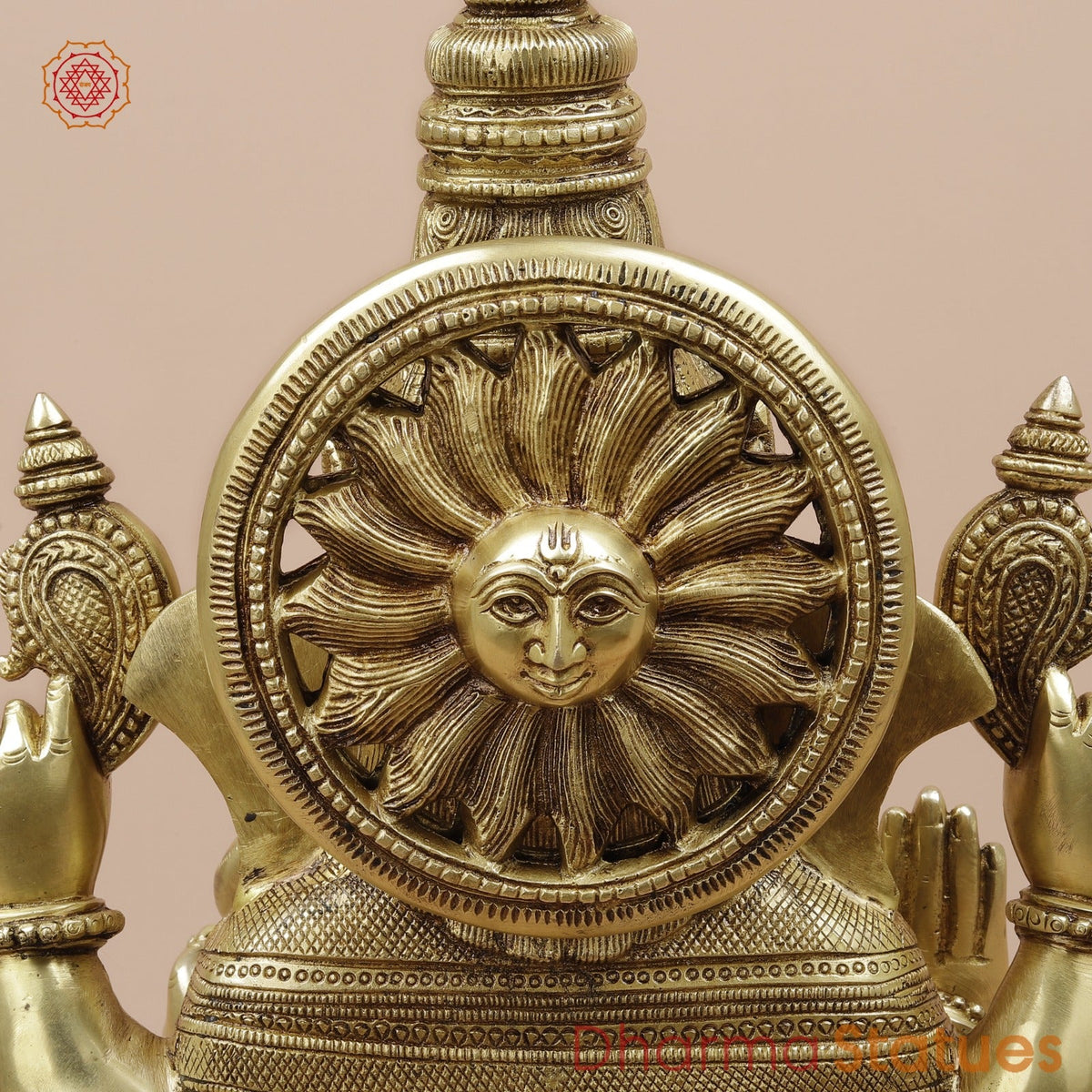 Brass Ganesh Seated with Fine Surya At the Back Fine, Special Gold Finish 20”